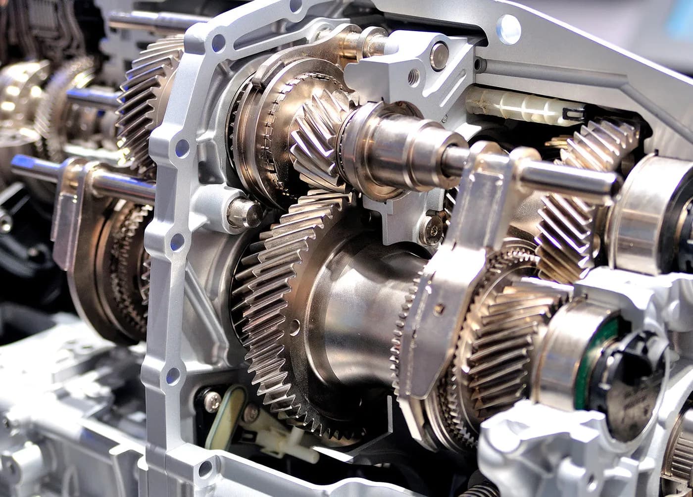 Cutaway of a car gearbox showing its gears and shafts